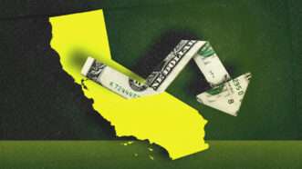 California, and a dollar bill twisted into a downward arrow. | Illustration: Midjourney/Imagepixel/Dreamstime