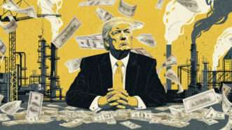 President Donald Trump, amid imagery of industrial buildings and money swirling in the air | Illustration: Midjourney/Denys Prokofyev/Dreamstime