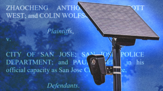 an automated license plate reader against a background showing the first page of a lawsuit challenging San Jose's use of such devices | Tony Webster