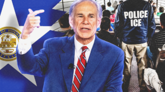 Texas Gov. Greg Abbott against a backdrop of the Houston flag and an ICE agent on a bus | Abbas Shirmohammadi/Panoramic Visions for CNP/Mega/RSSIL/Newscom