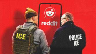 Two ICE agents stand in front of an outsized phone displaying the Reddit logo | ICE/Wikimedia Commons/Waingro/Dreamstime