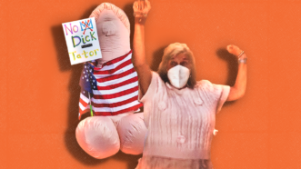 Jeana Renea Gamble wore the offending phallus—holding a "No Dick-Tator" sign—at a "No Kings" protest. | Adani Samat