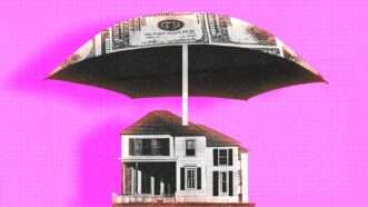 A house is covered by an umbrella made of U.S. currency. | Midjourney