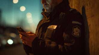 Close-up of a U.K. police officer on his cell phone. | Midjourney