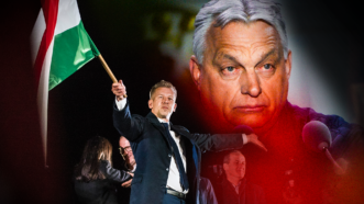 Péter Magyar waves a Hungarian flag with a photo of Viktor Orbán's face in the upper right | Jaap Arriens/Sipa USA/Newscom/Attila Husejnow/ZUMAPRESS