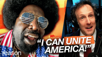 Afroman appears on the left wearing an American flag suit and sunglasses, speaking in an animated fashion over an orange and yellow background. Andrew Heaton appears on the right, wearing headphones over a blue background. Text at the bottom of the screen reads "I CAN UNITE AMERICA!" | Illustration: Adani Samat