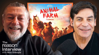 Andy Serkis appears on the left, Nick Gillespie appears on the right. The movie poster for Animal Farm appears behind them. | Illustration: Adani Samat