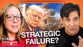 Emma Ashford appears on the left, Nick Gillespie appears on the right. An image of Donald Trump is behind them, over a background of an explosion in Tehran. The words "STRATEGIC FAILURE" appear across the bottom of the screen. | Illustration: Adani Samat
