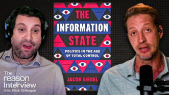 Jacob Siegel appears on the left, Zach Weissmueller appears on the right. The cover art of Jacob;s book "The Information State" appears behind them. | Illustration: Adani Samat