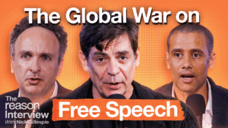 Jeff Kosseff appears on the left, Nick Gillespie appears in the center, and Jacob Mchangama appears on the right over an orange background. The words "The Global War on" appear across the top of the screen, with the words "Free Speech" across the bottom. | Illustration: Adani Samat