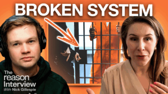 Billy Binion appears on the left. Jennifer Doleac appears on the right. An image of a man in a prison jump suit being locked up behind bars by a police officer appears in the center. An arrow points to the image of the jail cell, with large text above that reads "BROKEN SYSTEM." | Illustration: Adani Samat