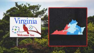 A "Welcome to Virginia" road sign, next to a graphic depicting the new proposed Virginia districts | Wellesenterprises/Dreamstime/The Virginia Public Access Project/OpenStreetMap