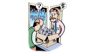 A comic cell of a man in a pawn shop | Illustrations: Peter Bagge