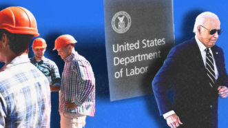 Former President Joe Biden is seen walking away from construction workers and a sign that says "United States Department of Labor" | Mast3r/Dreamstime/US Department of Labor/Lenin Nolly/Sipa USA/Newscom