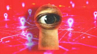 An eye peers through a keyhole, amid GPS data points on a map. | Illustration: Igorusha/Dreamstime/Midjourney