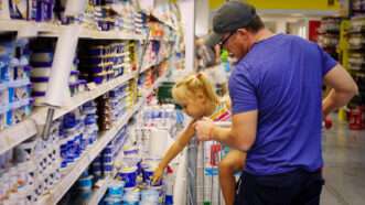 A man and girl shop for groceries | Mariadubova/Dreamstime