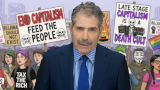 John Stossel stands in front of a cartoon depicting people protesting capitalism | Stossel TV