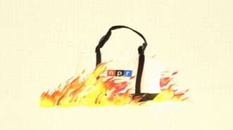 An illustration of an NPR tote bag on fire | Illustration: Lex Villena; Jakub Gojda