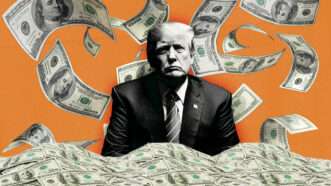 Donald Trump sits surrounded by cash | Illustration: Midjourney/Nikolai Sorokin/ Mikael Damkier/Dreamstime