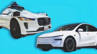 Against an electric blue background, a white Waymo vehicle faces the right, and a white Tesla vehicle faces the left. | Illustration: DPPA/Sipa USA/imageBROKER/Manuel Kamuf/Newscom
