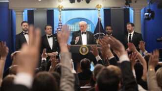 President Trump and senior advisers in the White House briefing room | Yuri Gripas - Pool via CNP/ZUMAPRESS/Newscom