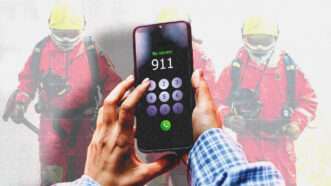 Emergency responders in the background, with a person holding an iPhone dialing 911 | Envato