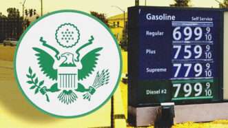 Department of State's Bureau of Energy Resources seal on the left, a board showing high gas prices on the right | Xinhua/Sipa USA/Newscom/U.S. Department of State/Bureau of Energy Resources