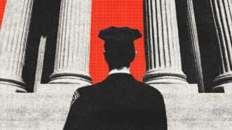 Law enforcement officer standing in front of court house | Illustration: Midjourney