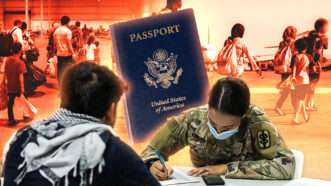 A collage of several different images: one of them a blue U.S. passport book, one of a woman in military fatigues filling out paperwork while talking to a man, the other two images are in the background with an orange tint, showing families with children walking across flat land. | U.S. Marine Corps Forces Central Command/U.S. Army/Svitlana Lutso/Dreamstime