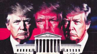 President Donald Trump looms over the U.S. Supreme Court building in Washington, D.C. | Illustration: Midjourney