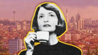 A black-and-white photograph of Ayn Rand, outlined in yellow, holding a small cup. The background image behind her is a red-tinted photograph of the skyline of Ankara, Turkey. | Illustration: Midjourney/Msdogan/Dreamstime/Phyllis Cerf/Random House