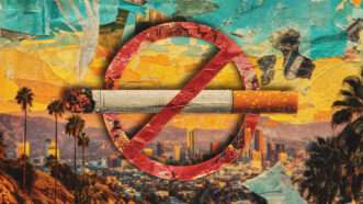 A colorful background showing San Francisco with a cigarette and red prohibition sign in the foreground | Illustration: Midjourney