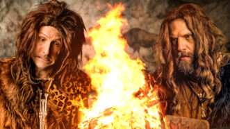 Andrew Heaton and Austin Bragg as cavemen | Adani Samat