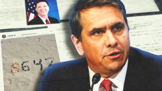Acting Attorney General Todd Blanche against a backdrop of a picture of James Comey, Comey's 86 47 seashell display, and legal documents | Illustration: Adani Samat, Midjourney. Photo: Mattie Neretin /CNP/Mega/RSSIL/Newscom