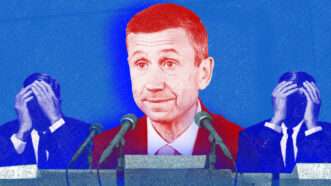 Democratic National Committee Chairman Ken Martin, and two men hiding their faces | Illustration: Bill Clark/Newscom/Midjourney
