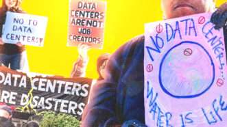 Anti-tech and anti-data center protestors | Illustration: Adani Samat. Photo: Alex Milan Tracy/Sipa USA/Jim West/UCG/Universal Images Group/imageBROKER/Newscom