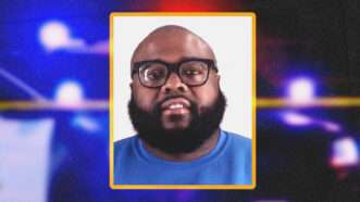 Derreck Dean's mug shot against a backdrop of police lights | Illustration: Arlington Police Department/Elliott Cowand Jr./Dreamstime