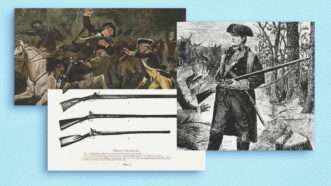 A collage of images related to the American Revolution depicting the use of long rifles | Album / Prisma/Newscom/Library of Congress/