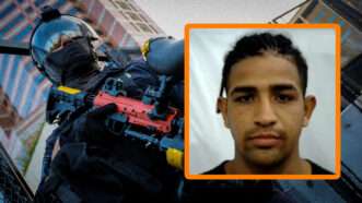 Julio Cesar Sosa-Celis against a backdrop showing an armed immigration agent | Jon Putman/SOPA Images/Sipa USA/Newscom/ICE/X
