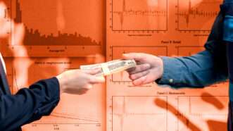 A close-up of two hands, with a person handing another person a stack of $10 bills—the background is tinted orange, an image of two papers with complicated graphs on them. | Illustration: Adani Samat Photo: Envato
