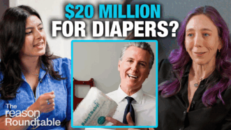 Reem Ibrahim appears on the left, Katherine Mangu-Ward appears on the right. In the center box, there is an image of California Governor Gavin Newsom holding up a package of diapers. Above him reads bold text "$20 Million for Diapers?" | Illustration: Adani Samat