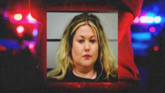 Mug shot of T'Nae Harrell against the backdrop of police lights | Illustration: Lubbock Police Department/Midjourney