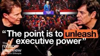 Johan Norberg appears on the left, facing Nick Gillespie who appears on the right. Behind them is an image of President Donald Trump at a political rally. The words "The point is to unleash executive power" appear across the bottom in bold. | Illustration: Adani Samat