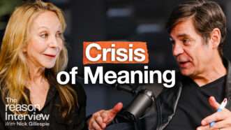 Rebecca Newberger Goldstein is on the left. Nick Gillespie is on the right. Bold text in between them reads "Crisis of Meaning." | Illustration: Adani Samat