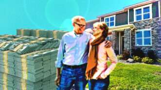 A picture of a house, stack of cash, and senior citizen couple | Illustration: Adani Samat. Photo: Yuri Arcurs/Dreamstime