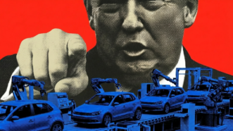 An assembly line at a car factory, with Donald Trump pointing towards the viewer in the background | Illustration: Lex Villena; Midjourney