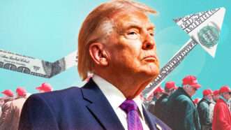 Trump in the foreground, a bright blue background with a sea of red-hat wearing figures and arrows made out of folded American money | llustration: Adani Samat/Midjourney Photo: JIM LO SCALZO/UPI/Newscom/GoldenDayz/Envato