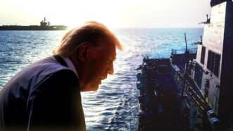President Donald Trump, with background photo of U.S. battleships | Illustration: Adani Samat. Photo: U.S. CENTCOM/Sipa USA/Newscom
