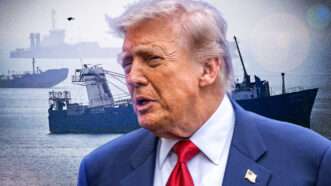 President Trump with cargo ships and oil tankers behind him | Kyodonews/ZUMAPRESS/Newscom/Andrew Leyden/ZUMAPRESS/Newscom
