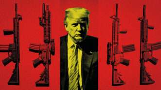 President Donald Trump flanked by military-style rifles | Midjourney